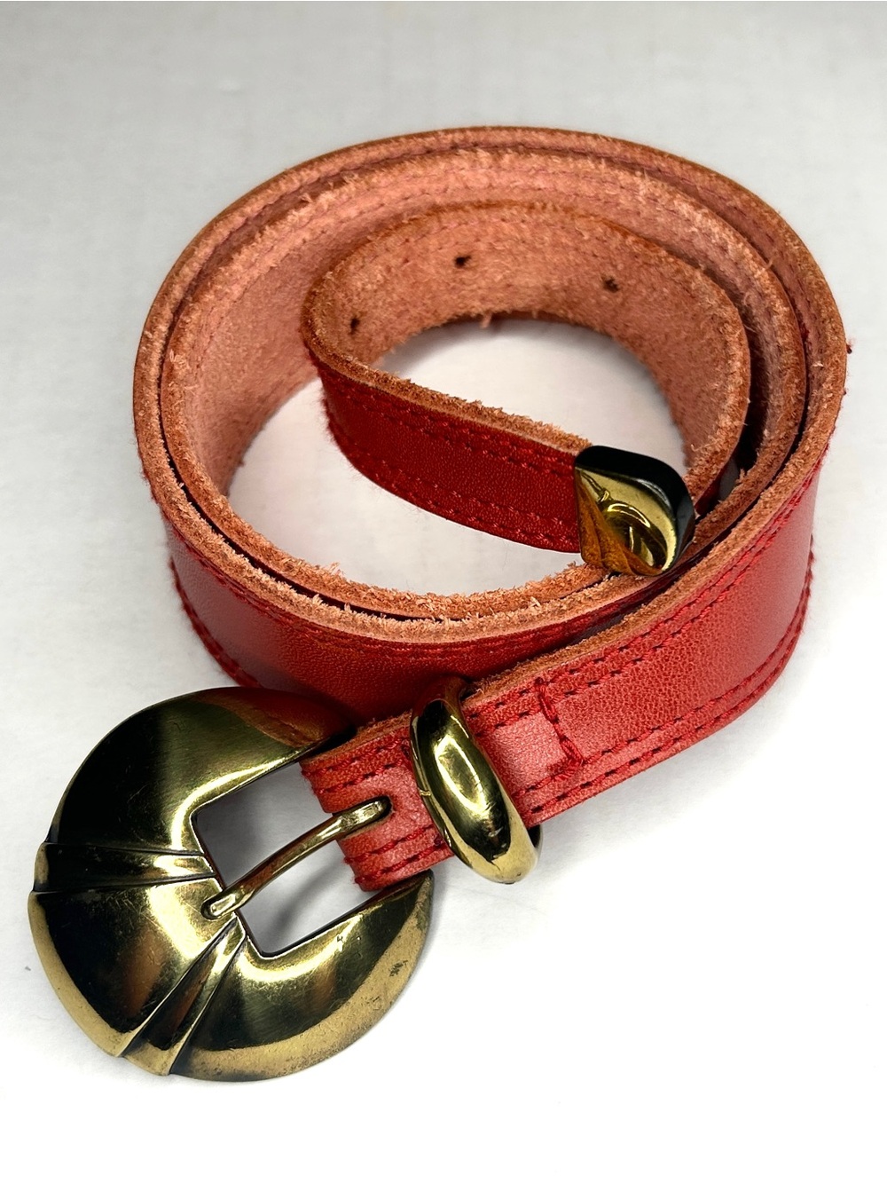 Liz Claiborne Size S Women's Red Leather Belt with Gold Colored Buckle